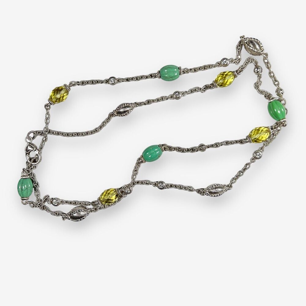 Judith Ripka Sterling Silver Green Turquoise & Lemon Quartz Station Necklace 36"